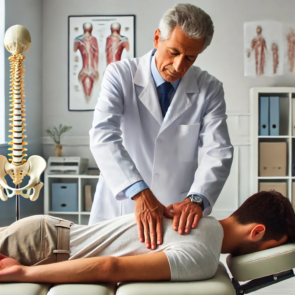 DALL·E 2025-03-17 06.23.46 - A professional chiropractor performing a spinal adjustment on a patient in a modern chiropractic clinic. The chiropractor is using precise hand techni