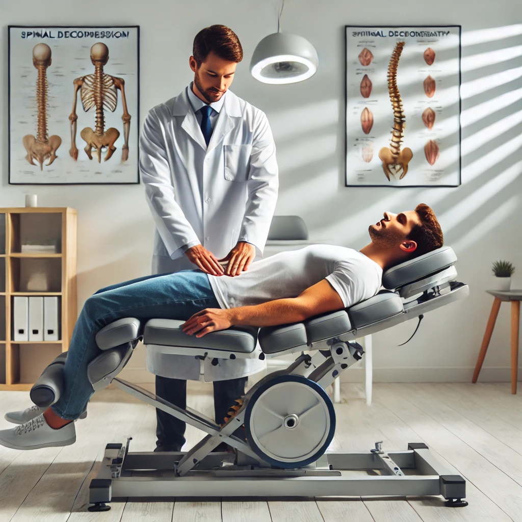 DALL·E 2025-03-17 06.36.54 - A professional chiropractor performing a spinal decompression therapy session in a modern clinic. The patient is lying on a specialized decompression