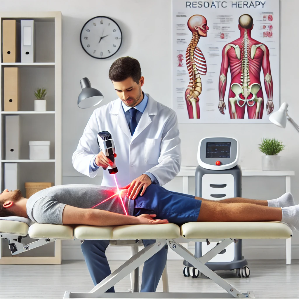 DALL·E 2025-03-17 06.48.45 - A modern chiropractic clinic where a professional chiropractor is performing laser therapy on a patient's lower back using a handheld cold laser devic