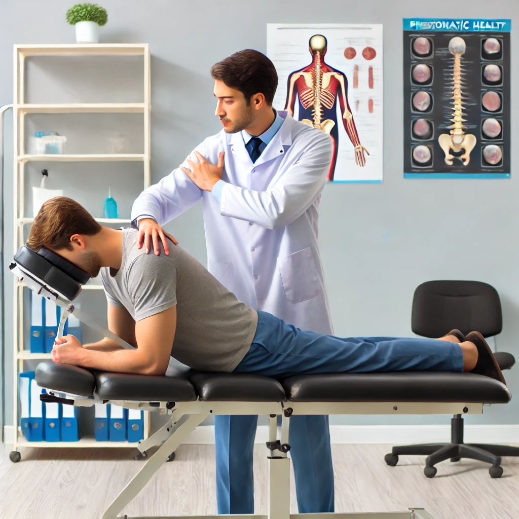 DALL·E 2025-03-17 06.56.07 - A professional chiropractor treating a patient who has suffered an auto accident injury in a modern clinic. The chiropractor is performing a spinal ad